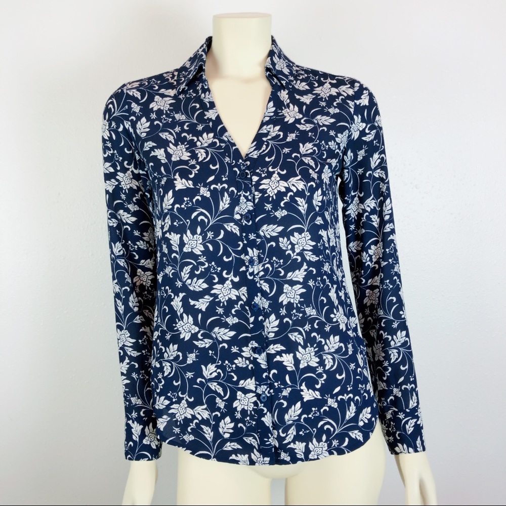 Express Portofino Blue Printed Floral Blouse XS